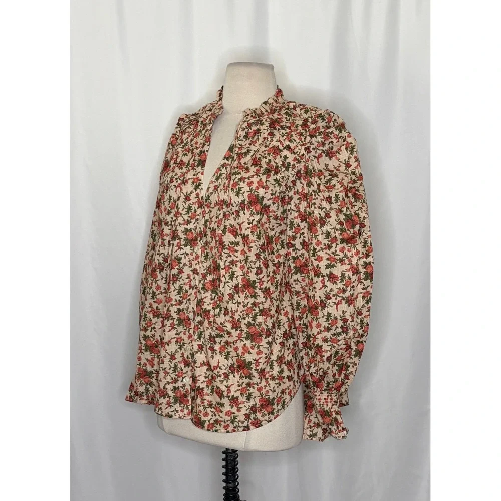 FREE PEOPLE Meant To‎ Be Blouse Floral Vintage Combo Ruffled Smocked Small